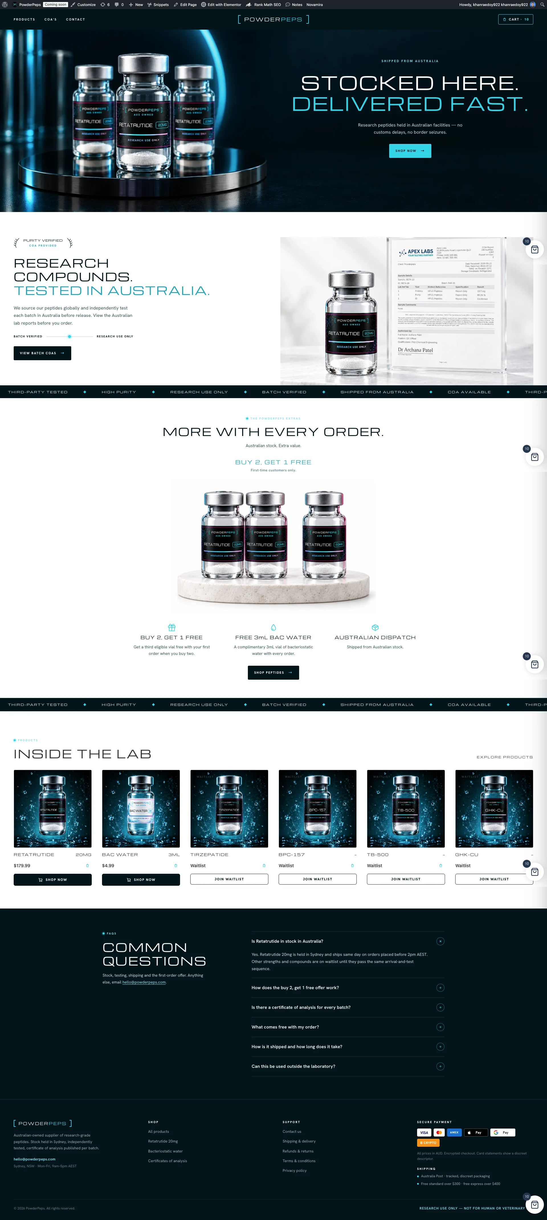 PowderPeps — Custom WooCommerce Store for an Australian Peptide Supplier — full-page website screenshot designed by Wp Hridoy Khan